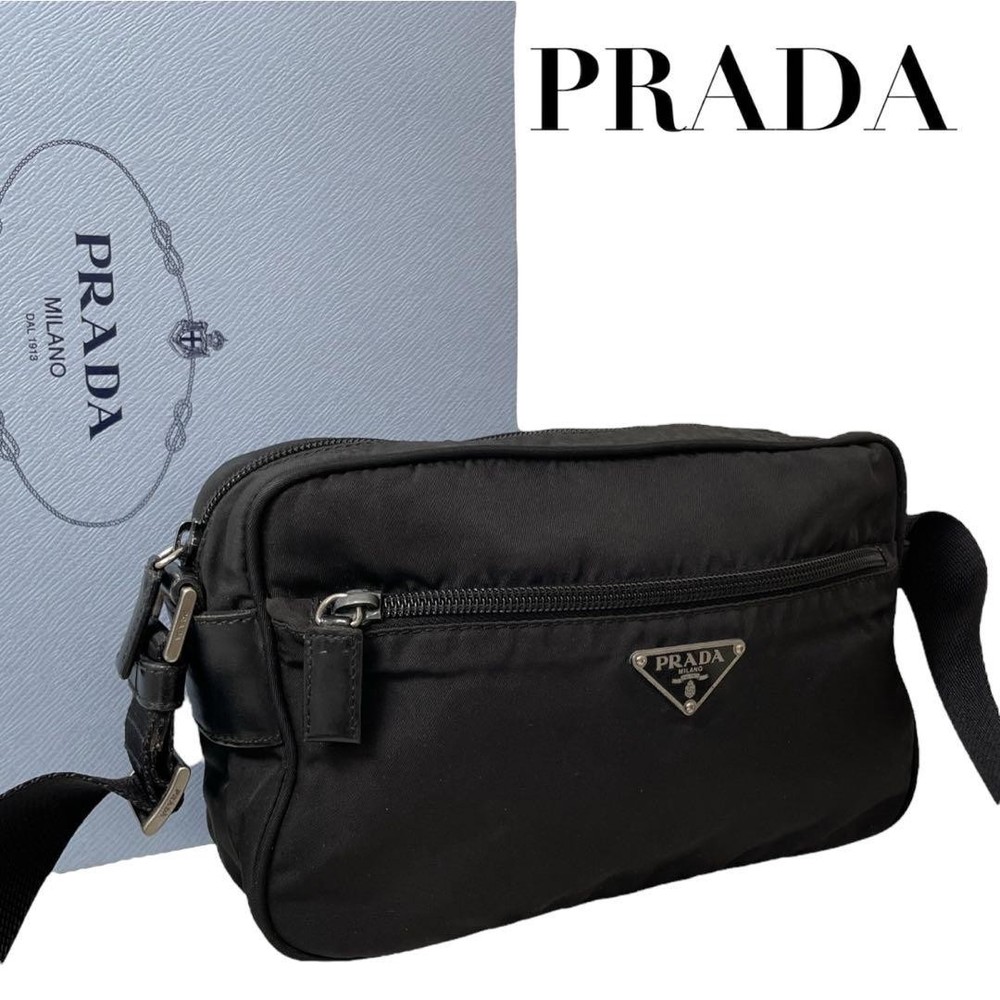 Prada Black Nylon Shoulder Bag with Triangle Logo Authentic Excellent Condition