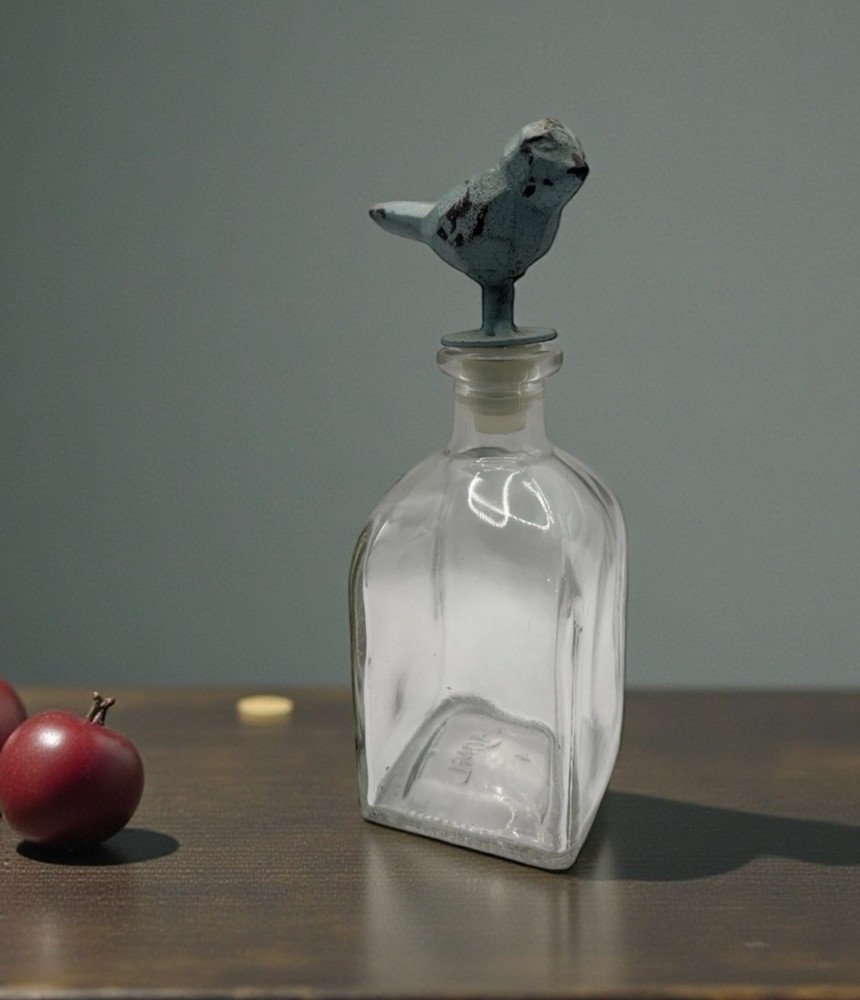 Glass Bottle with Bird Stopper Vintage Style Decorative Farmhouse Decor