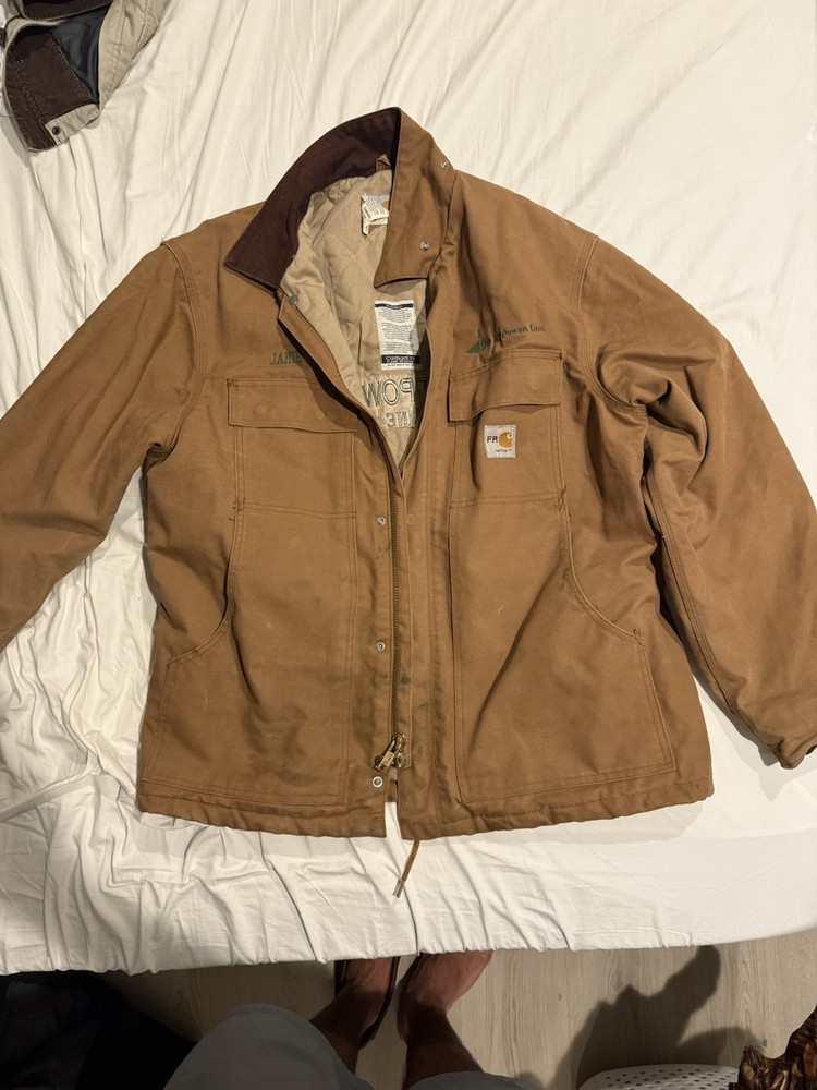 Vintage Carhartt XL Tan Trucker Jacket with Corduroy Collar & Blanket Lining