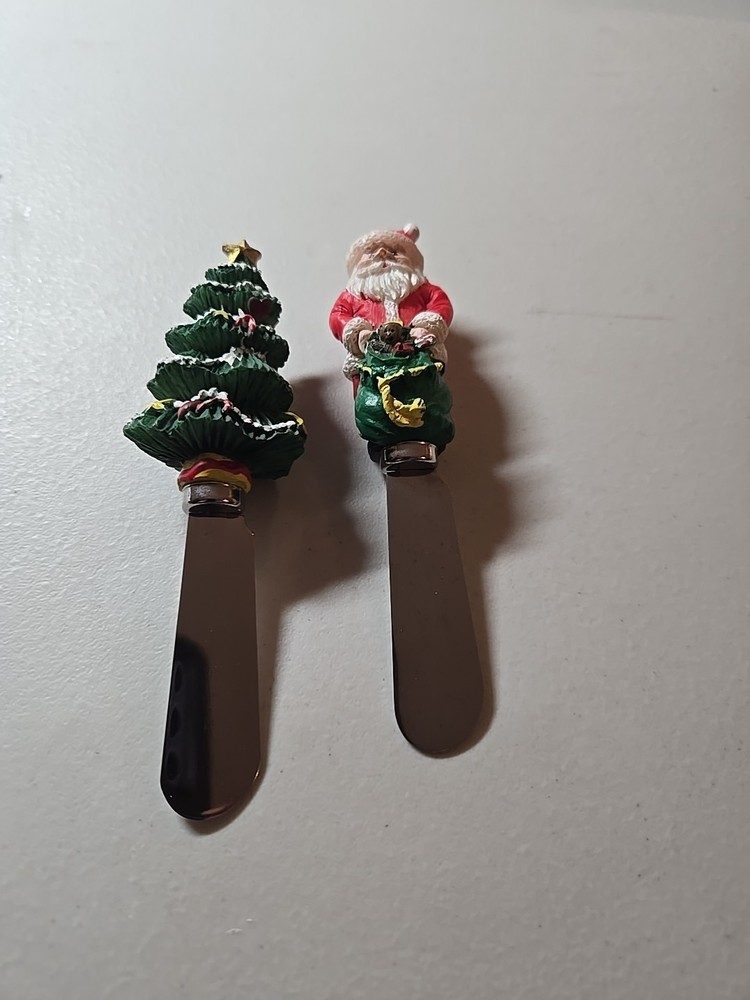 Two Stainless Steel Holiday Cheese Spreaders Santa Christmas Tree