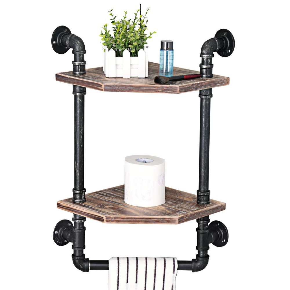 Rustic Industrial Pipe Shelf with Towel Bar for Bathroom Corner Storage