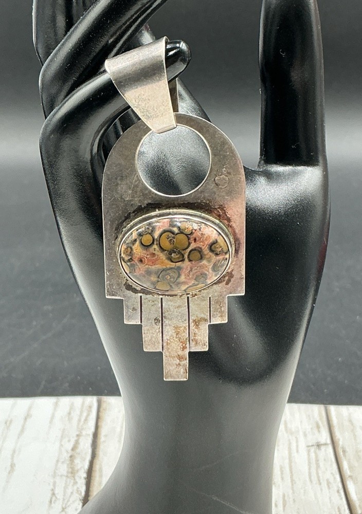 Vintage VHC Sterling Silver Art Deco Leopard Skin Jasper Southwestern Pendant