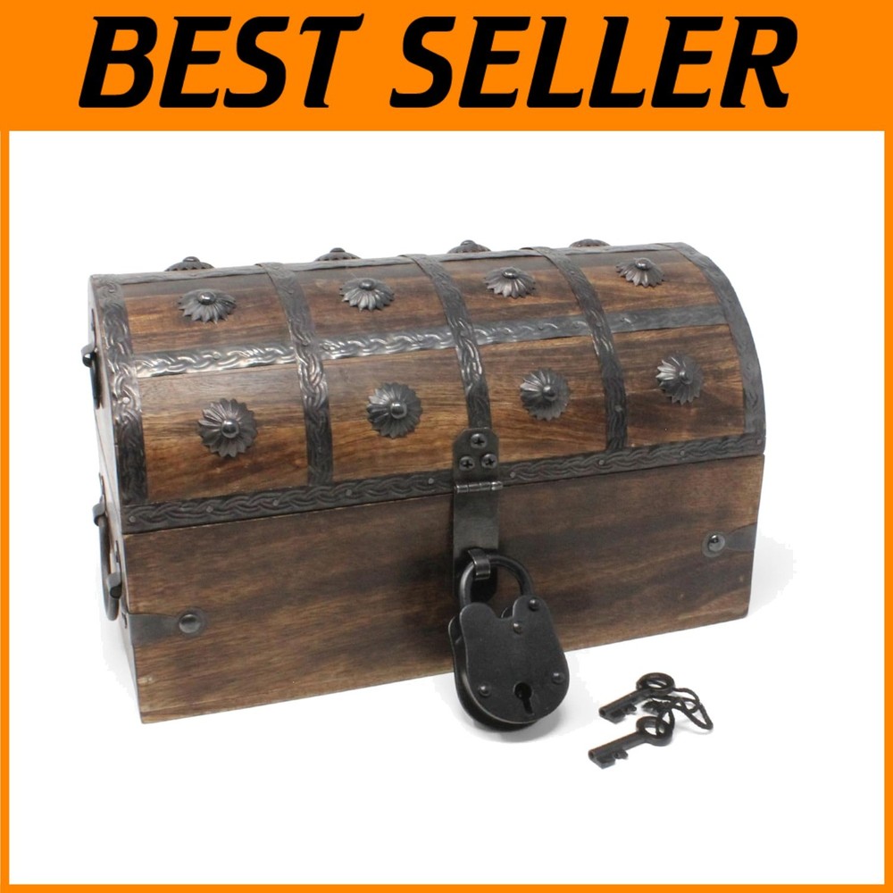 Handcrafted Pirate Treasure Chest with Iron Lock and Key – 11x6x6.75 Storage