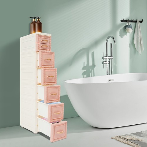 6-Tier PP Storage Cabinet, Rolling Storage Cabinet, Pink Cabinet with 7 Drawer