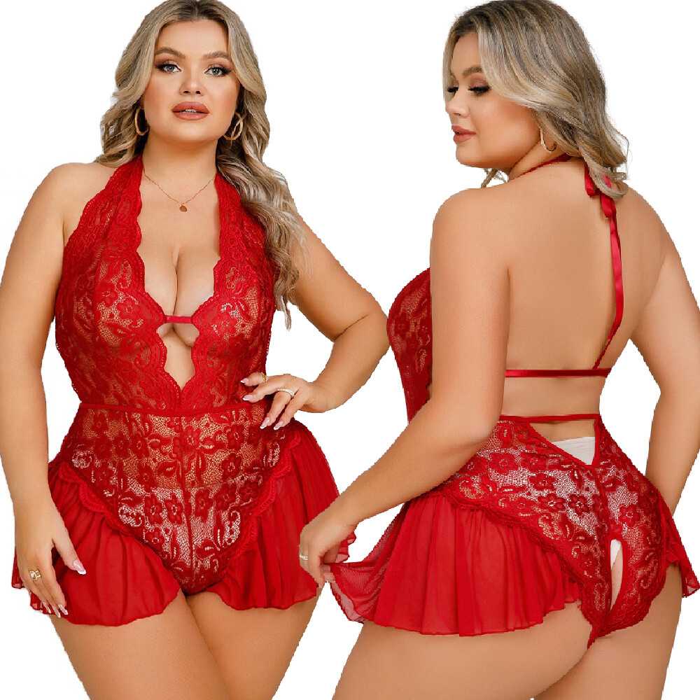 Sexy Red Teddy Lingerie Halter Lace Bodysuit Babydoll for Women