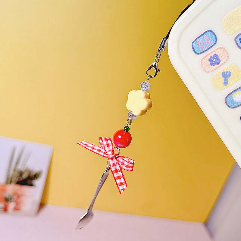 Red Plaid Ribbon Phone Lanyard Keychain with Spoon Pendant  