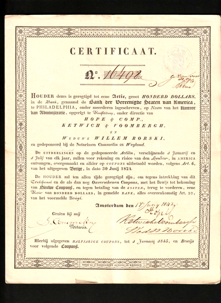 1842 Amsterdam $100 Bank of the United States share certificate