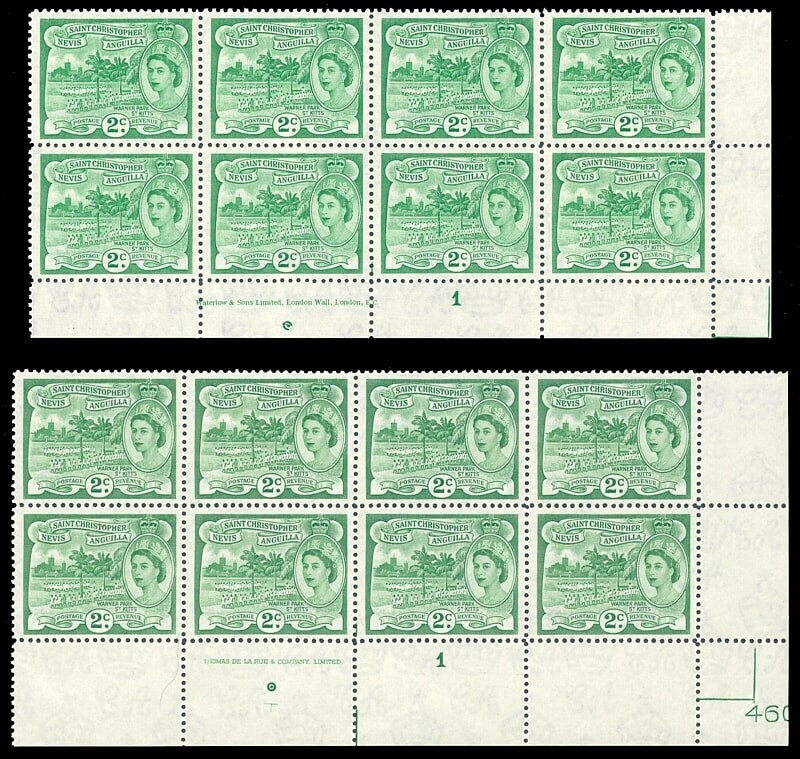 1954 St Kitts-Nevis QEII 2c Two Shades Imprint Block MNH SG107-107a