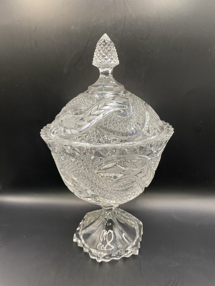 Vintage American Brilliant Cut Glass Footed Compote with Lid 10 Inch Height 5.5 Inch Width