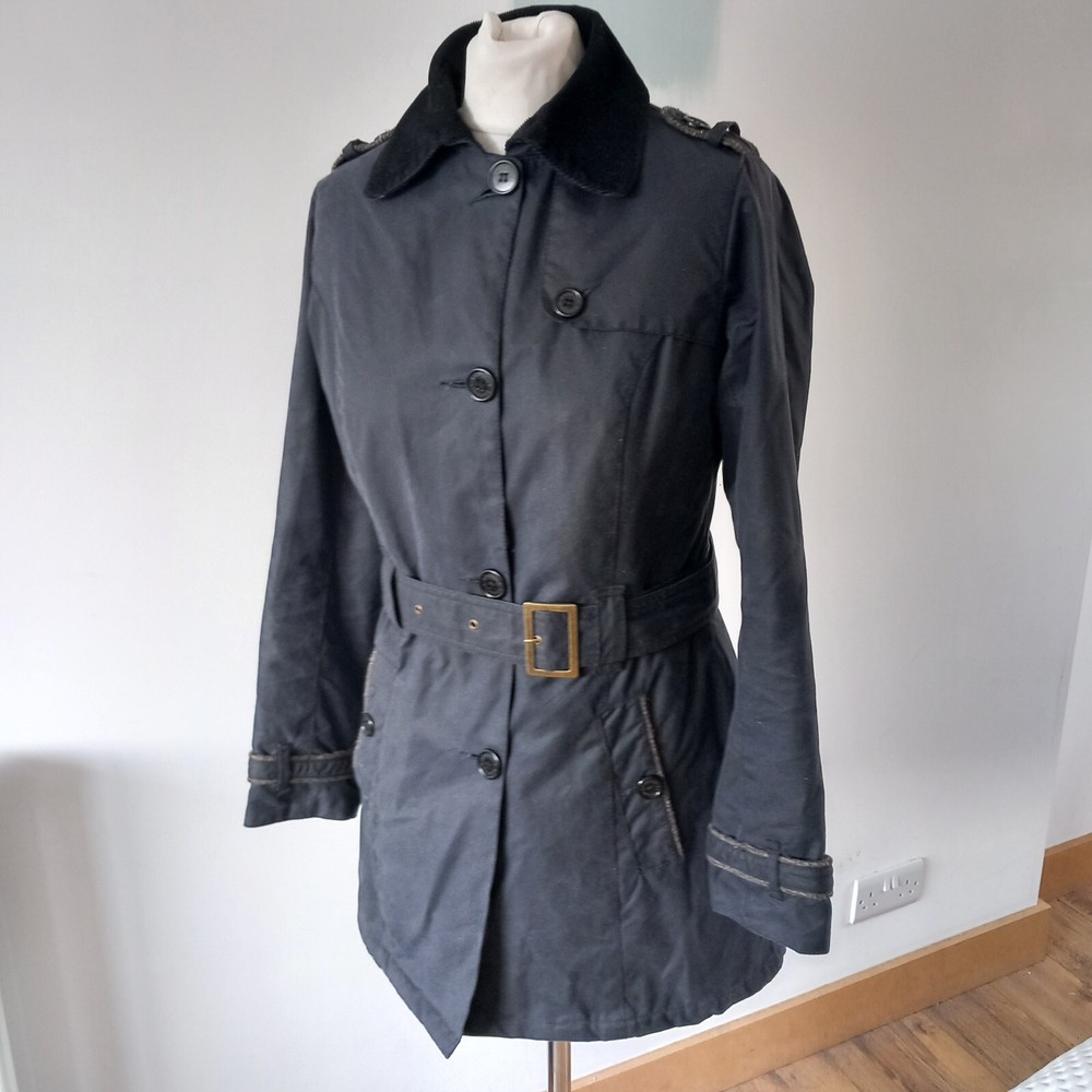 Barbour Dalmeny Wax Trench Jacket Womens 10 UK Navy Blue Belted Military Tweed