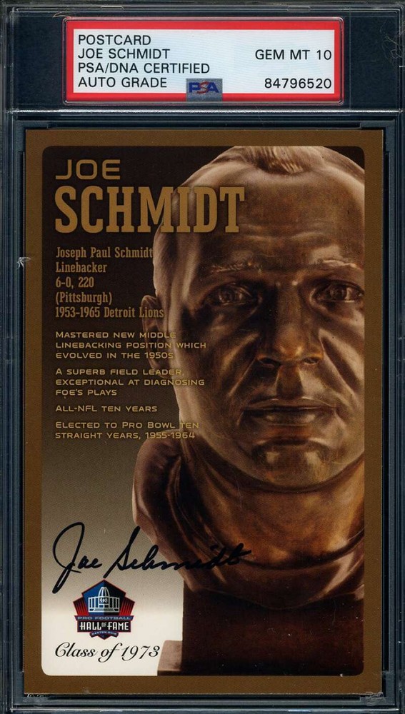 Joe Schmidt Gem Mint 10 PSA DNA Signed HOF Bronze Bust Postcard Autograph