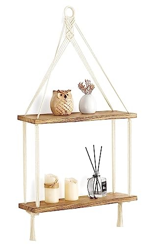 Macrame Hanging Shelf Boho Wall Decor 2 Tier Handmade Cotton Rope Rustic Wood