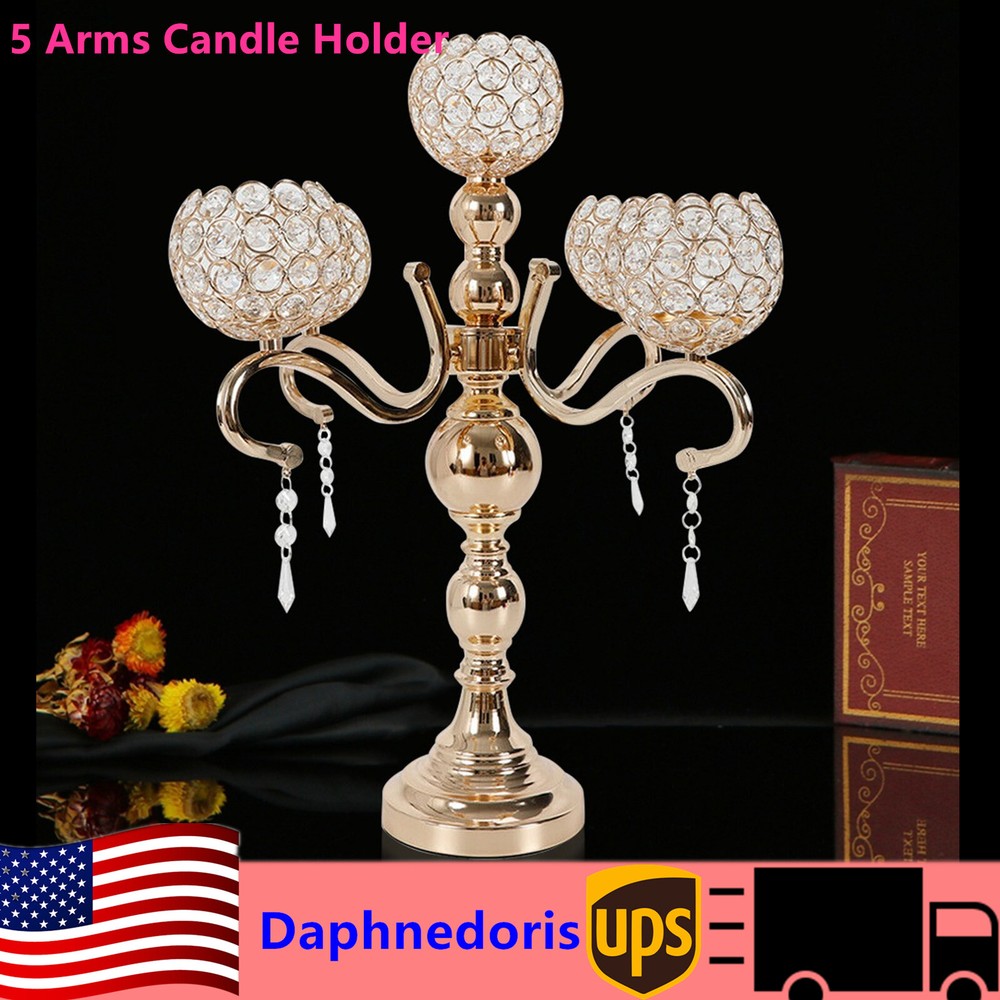 5 Arms Candelabra Home Holiday Decorative Centerpiece Crystal Candle Holder Gold