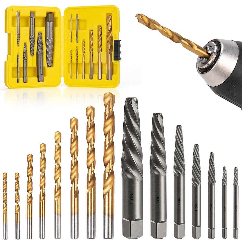14PCS Easy Out Screw Extractor Set with Right Handed Drill Bits for Broken Bolt Removal