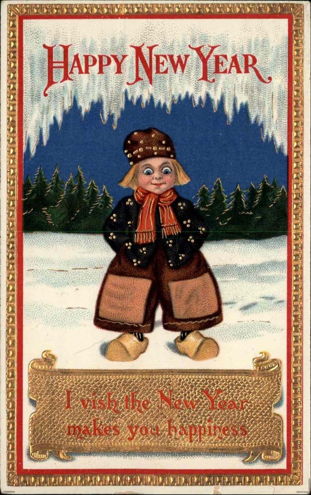 New Years Dutch Greeting Embossed Gilt c1900-20s Vintage Postcard-image