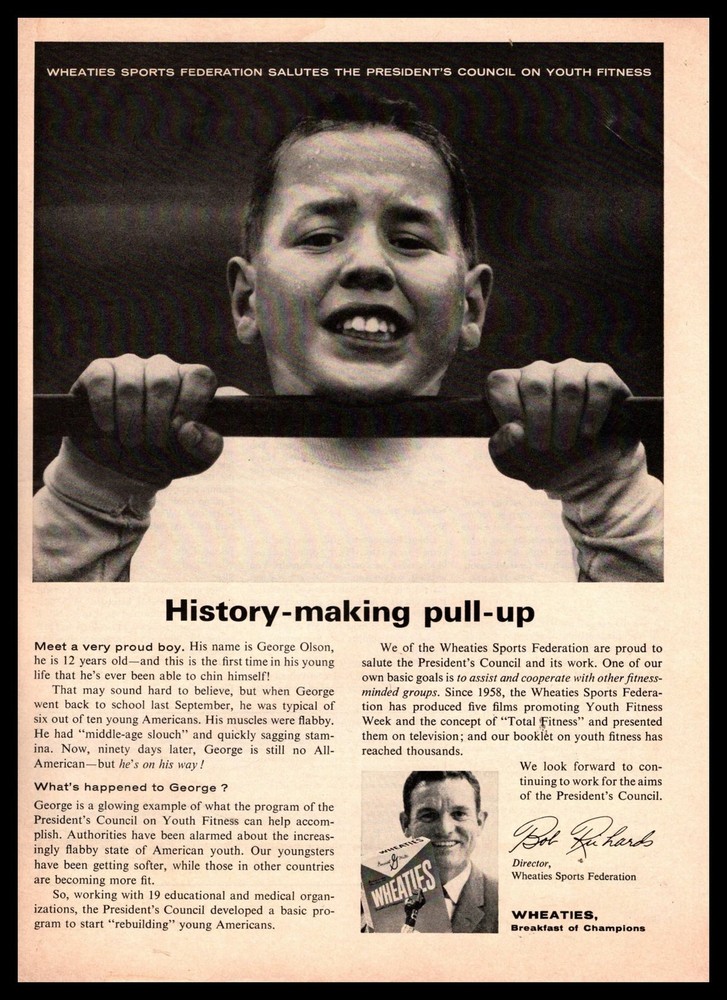 1961 Wheaties Breakfast Cereal Boy Doing Chin-Ups On A Pull-Up Bar Print Ad