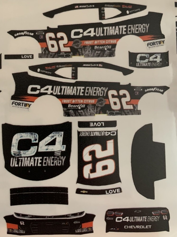 Custom 2025 Jesse Love #62 C4 Energy 1/64 NASCAR Decals - Peel & Stick