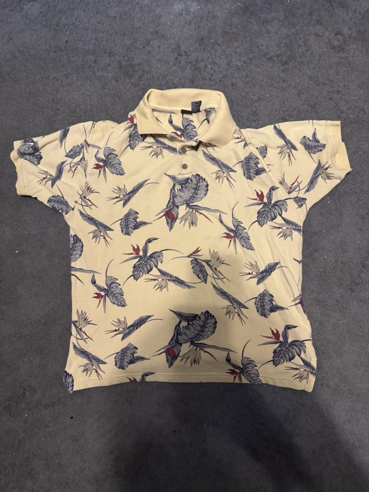 Cherokee Tropical Leaf Print Polo Shirt Mens Medium Short Sleeve Beige