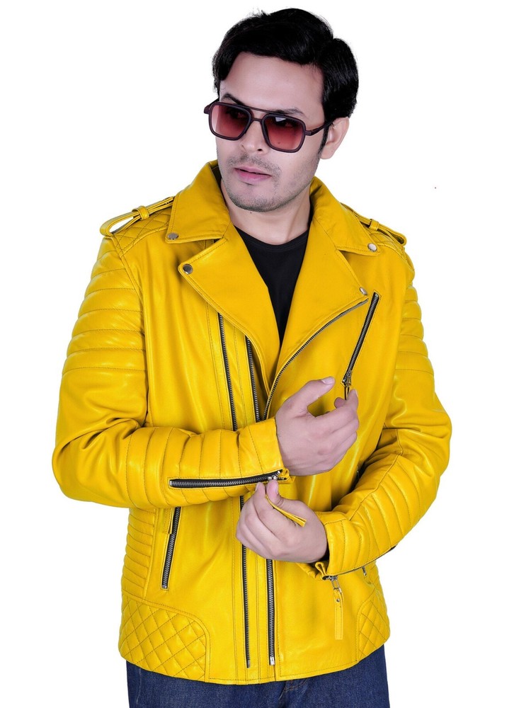 Men's 100% Lambskin Yellow Biker Jacket Motorcycle Style MLJ2a