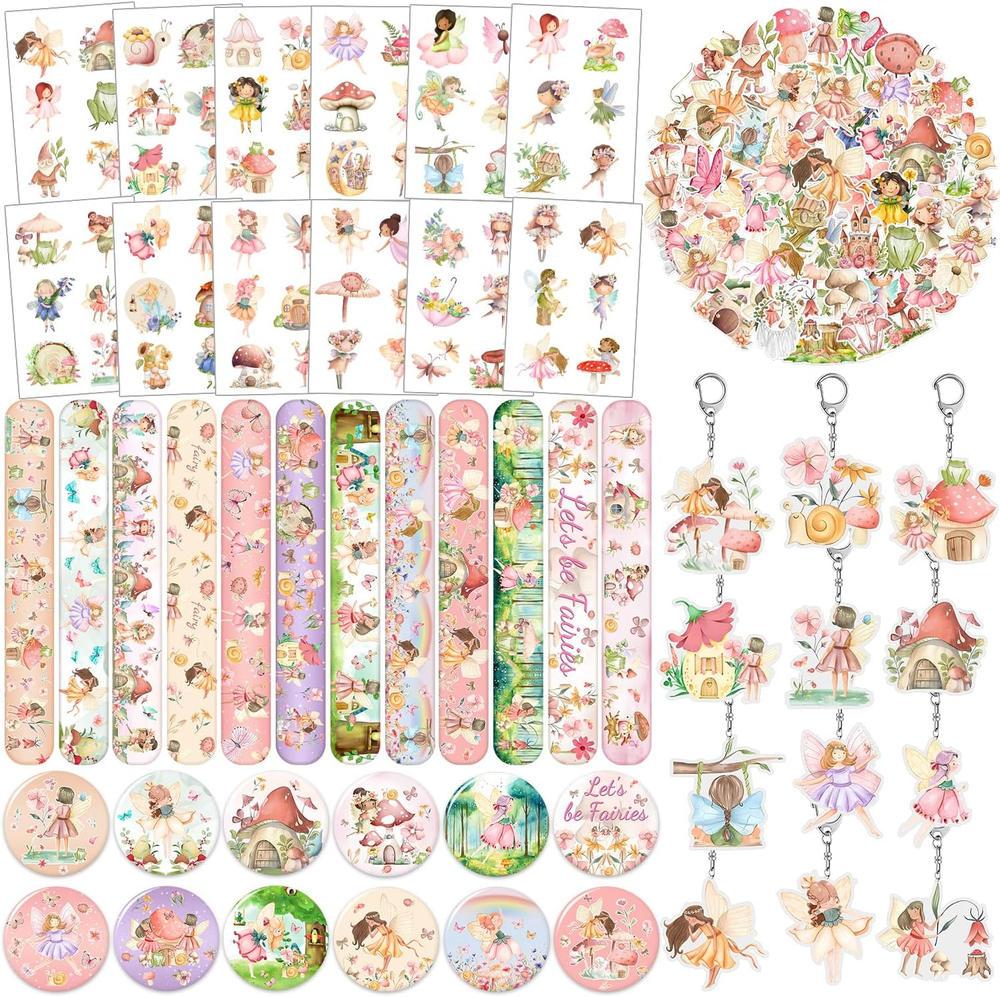 98PCS Party Favors - Woodland Fairy Decorations with Slap Bracelets, Stickers, B