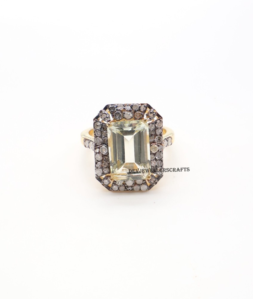 Elegant Green Amethyst Pave Diamond 925 Sterling Silver Gold Plated Ring