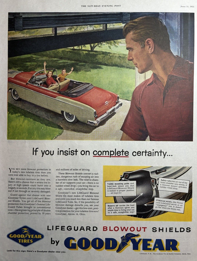 1955 Good Year Tires Blowout Shields Complete Certainty Akron Vintage Print Ad