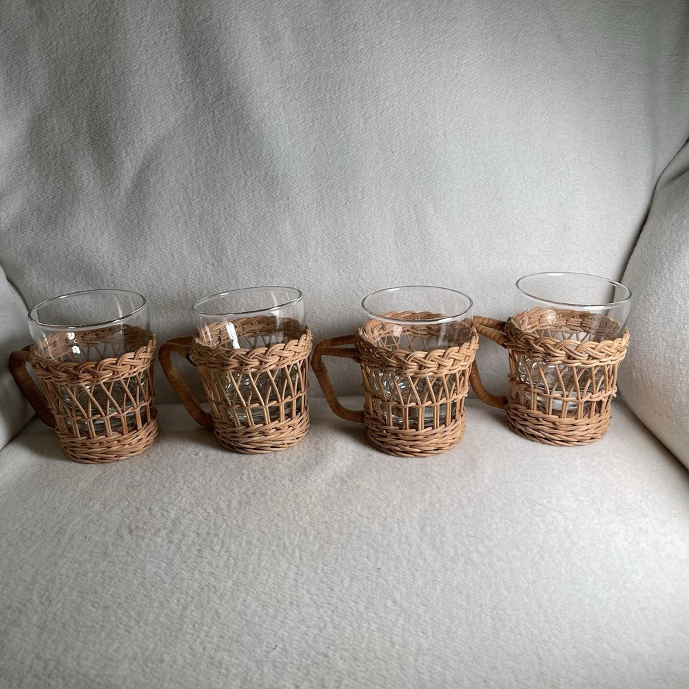 Vintage 1970s Rattan Wicker Cup Holder Set with 4 Clear 7 Oz Glasses
