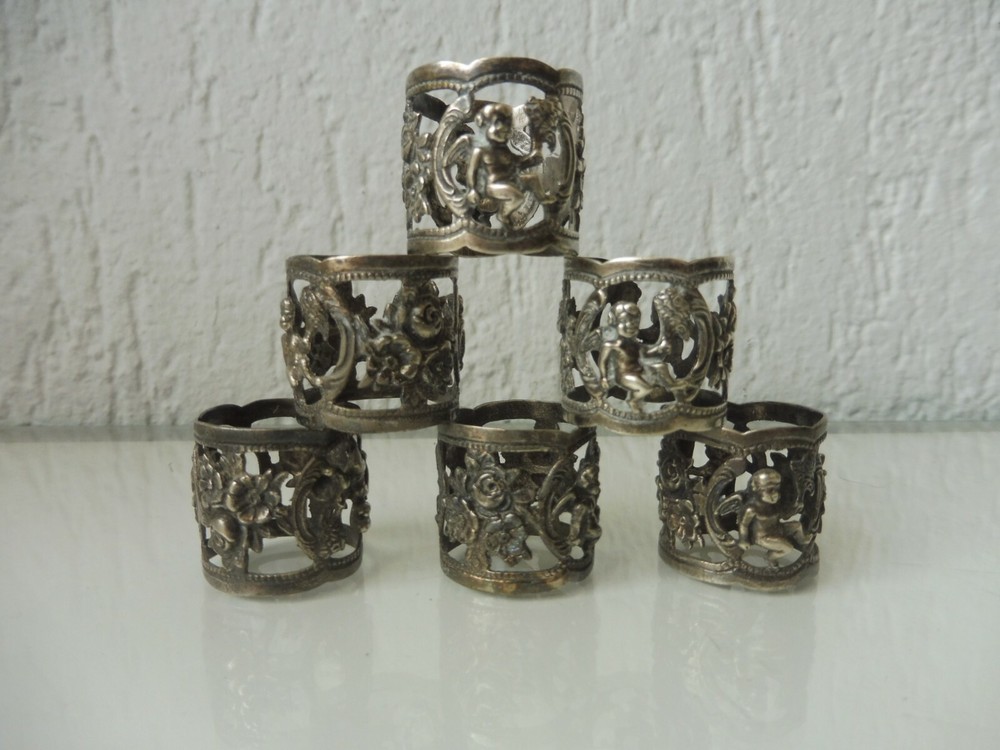 835 Silver Antique Napkin Rings with Putti and Floral Motifs, Set of 6