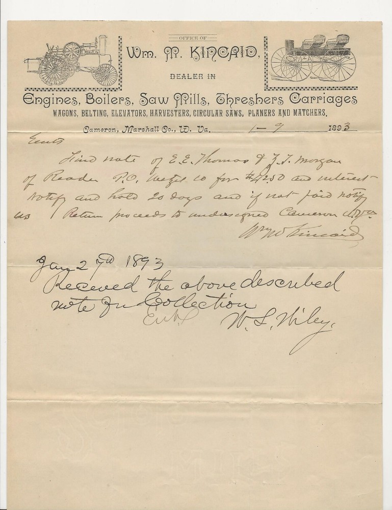 Orig. 1893 Graphic Adv. Letterhead, WM. M. KINCAID, Moundsville, WV., Engines