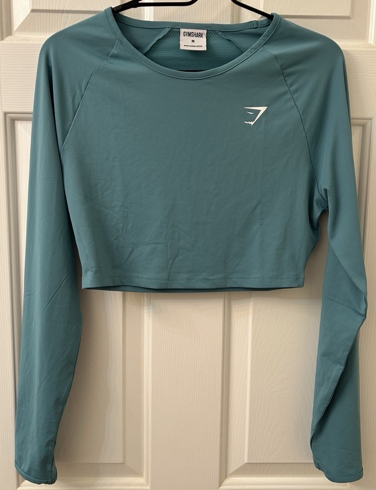 Gymshark Women's Cropped Long Sleeve Teal Activewear Top M Crew Neck