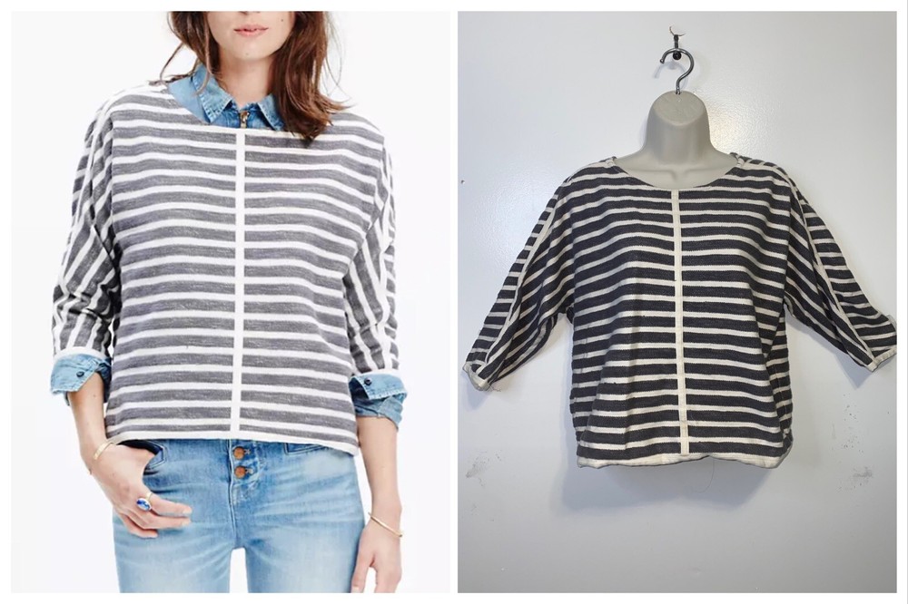 Madewell Gray White Heather Striped Pullover Back Zip Sweater Size M