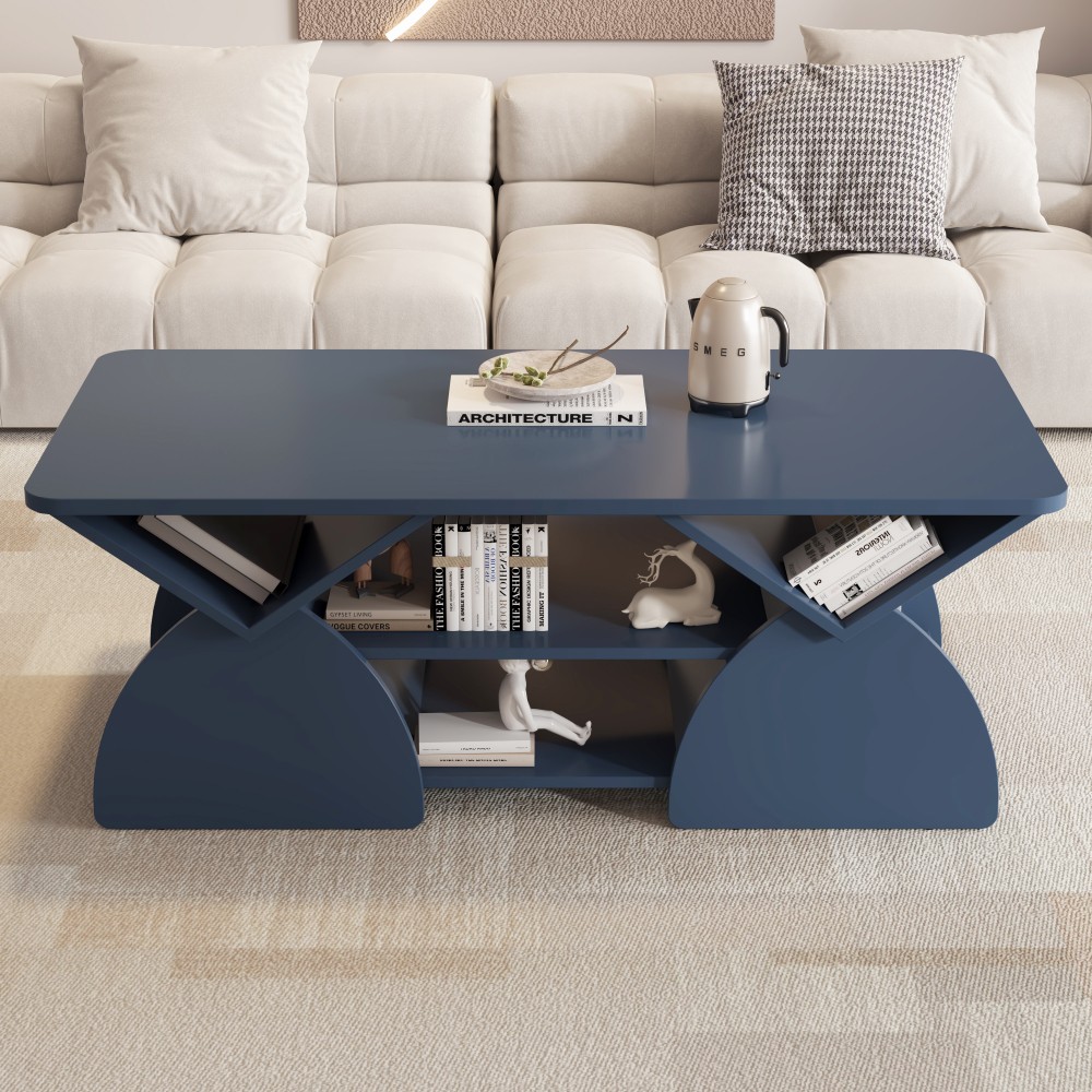 Engineered Wood Coffee Table Rounded Corner Storage Open Shelves Sturdy