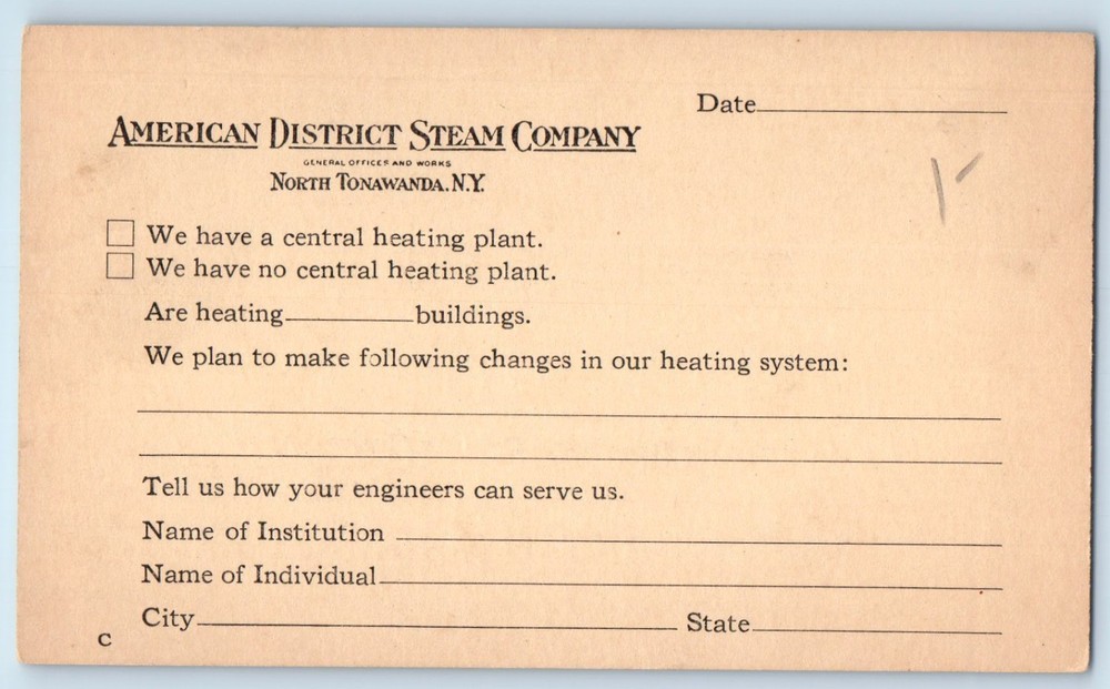American District Steam Company Heating Plant North Tonawanda NY Postal Card
