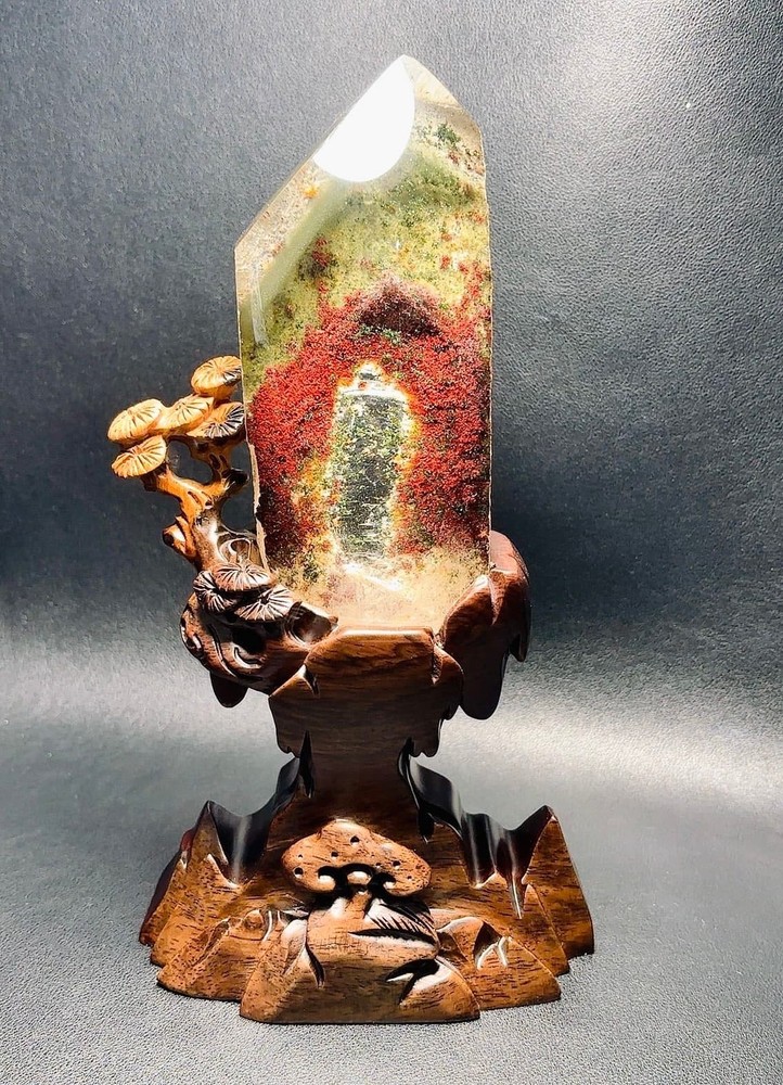 3.34LB Natural Crystal Ghost Quartz Healing Mineral Specimen Home Decor + Stand