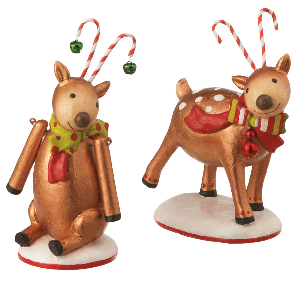 Reindeer At Play Folk Art Christmas Figurines Snow Fun  Set of 2 Decor NEW