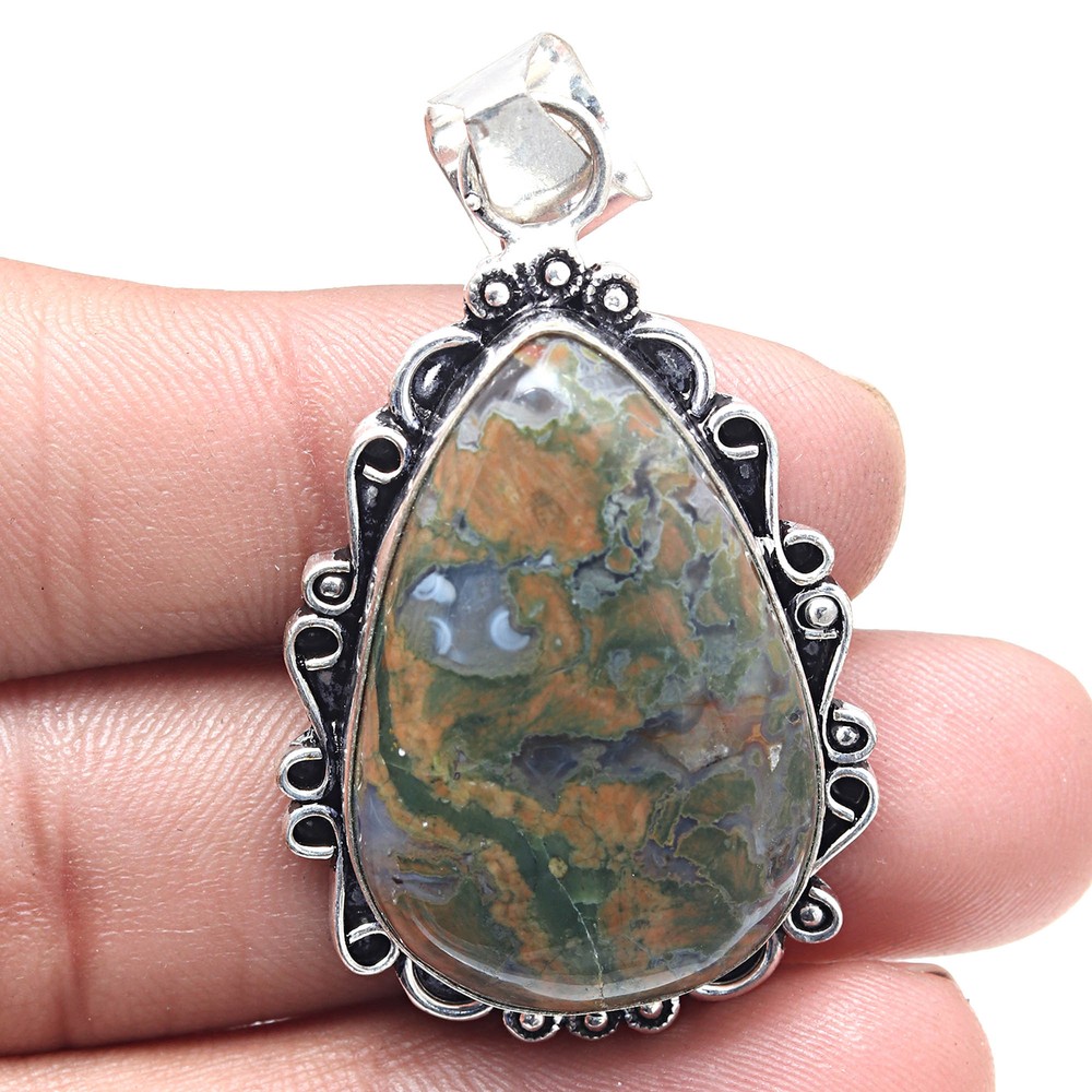 Rainforest Jasper Pendant Silver Jewelry Valentines Gift 2 Inch