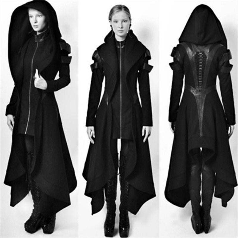 Irregular Women Black Hooded Coat Punk Gothic Cosplay Steampunk Jacket Overcoat