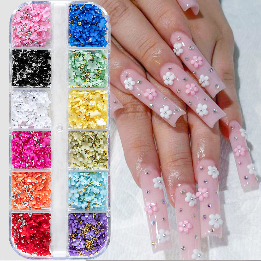 12Grids/box Nail Rhinestones 3D Flower Beads Jewelry Manicure DIY Decoration
