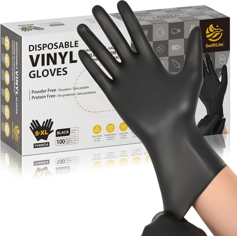 Black Vinyl Gloves, Food Grade Gloves Disposable Latex Free & Powder Free, Guant