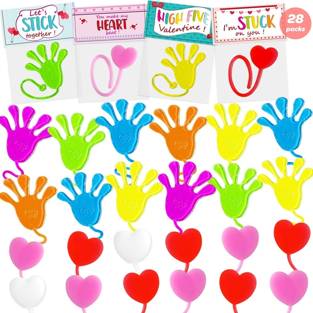 28-Pack Valentine's Day Classroom Gifts for Kids - Stretchy Sticky Hands & Hearts  