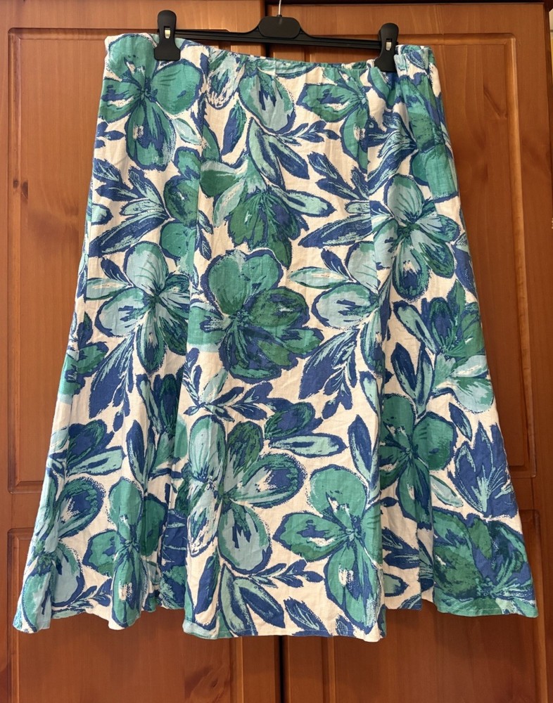 M&Co White Blue Floral Linen Blend Pull On Skirt UK20 L30 Fully Lined