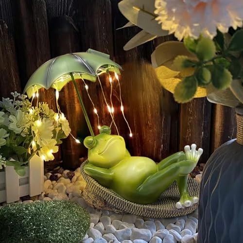 Frogs Garden Outdoor Decor Statue - Solar Frog Umbrella Pond Statues LED