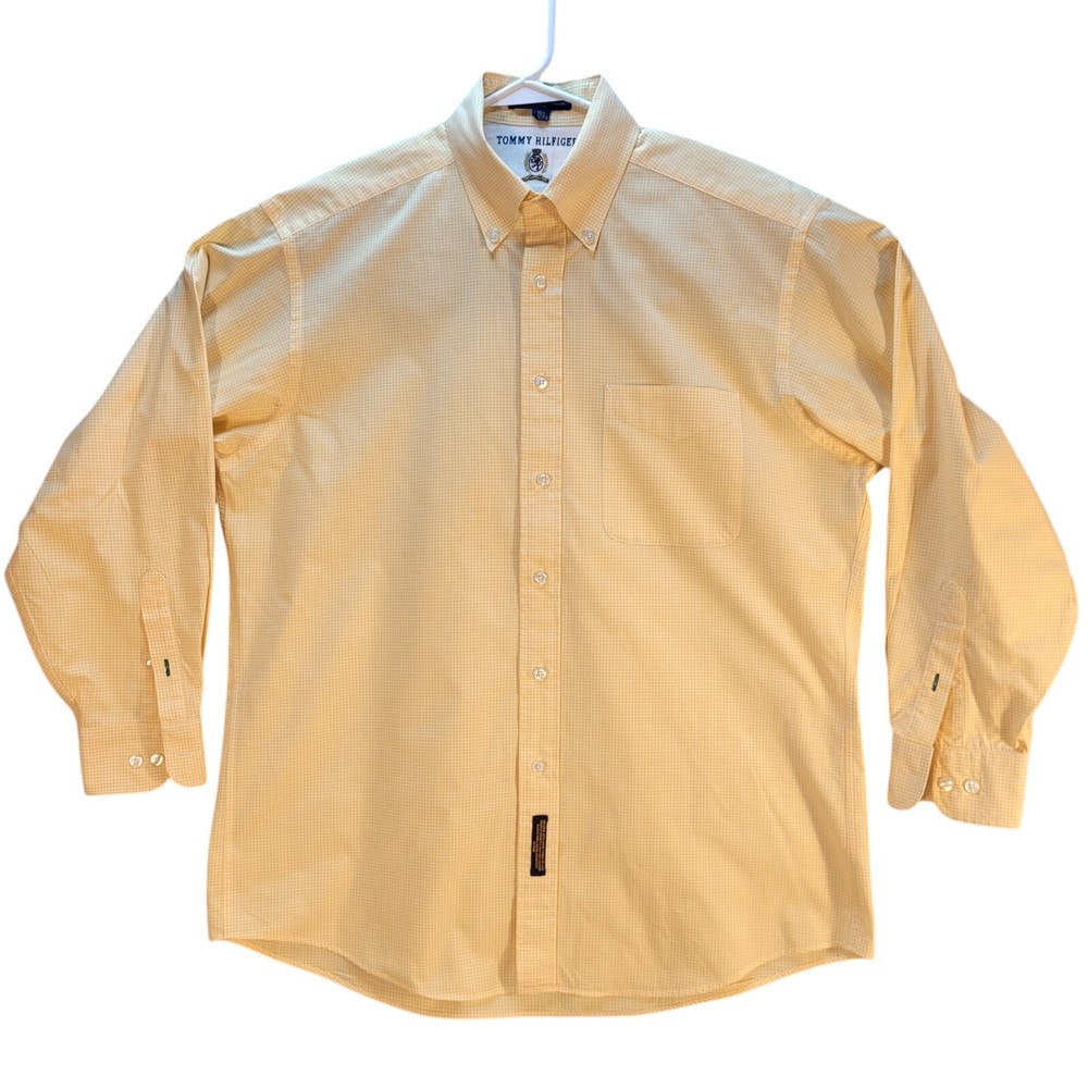 Tommy Hilfiger Men's Yellow & White Checkered Button-Up Shirt Size 15.5 32-33 Long Sleeve