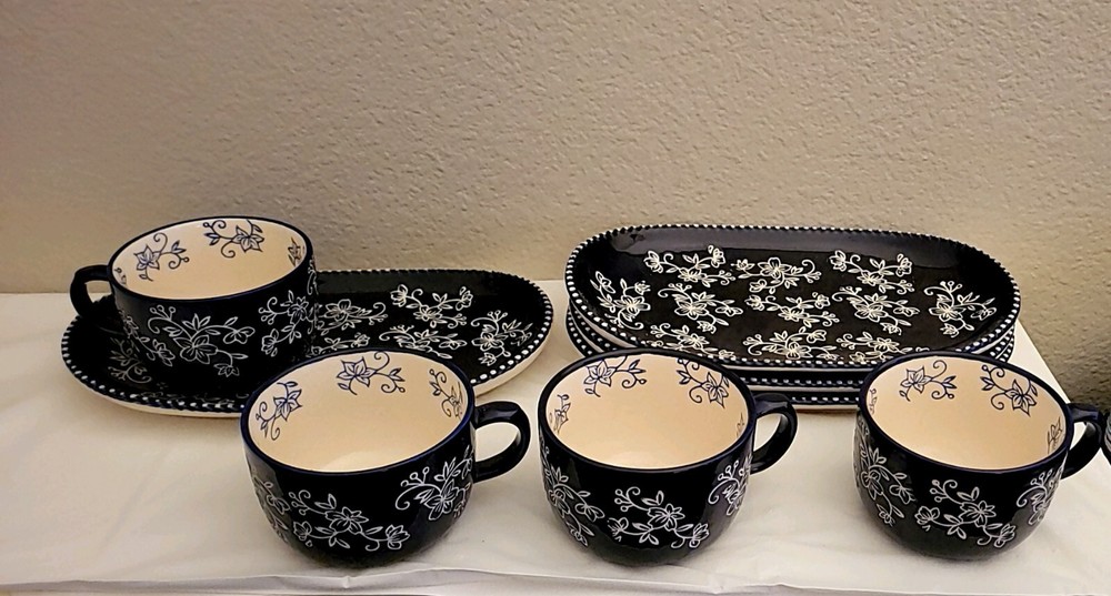 Cobal Blue Floral Soup Bowls And Sandwich Plates Set Of 4