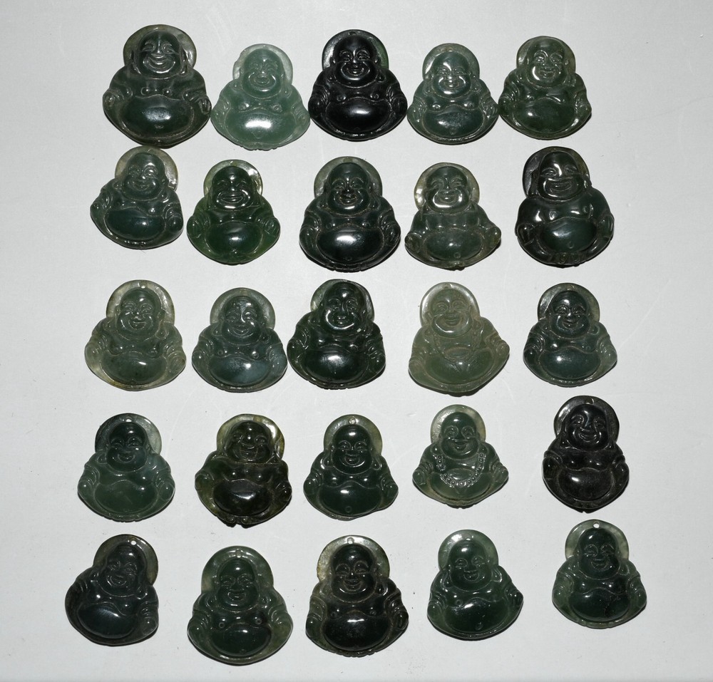 3CM China Dynasty Jadeite Emerald Happy Laugh Maitreya Buddha Amulet Pendant Set