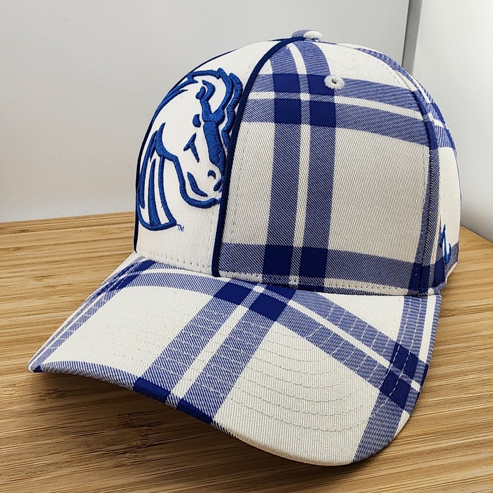 Boise State Fitted Hat, Plaid Design, Blue & White Cap, Zephyr, NCAA, Size: XL