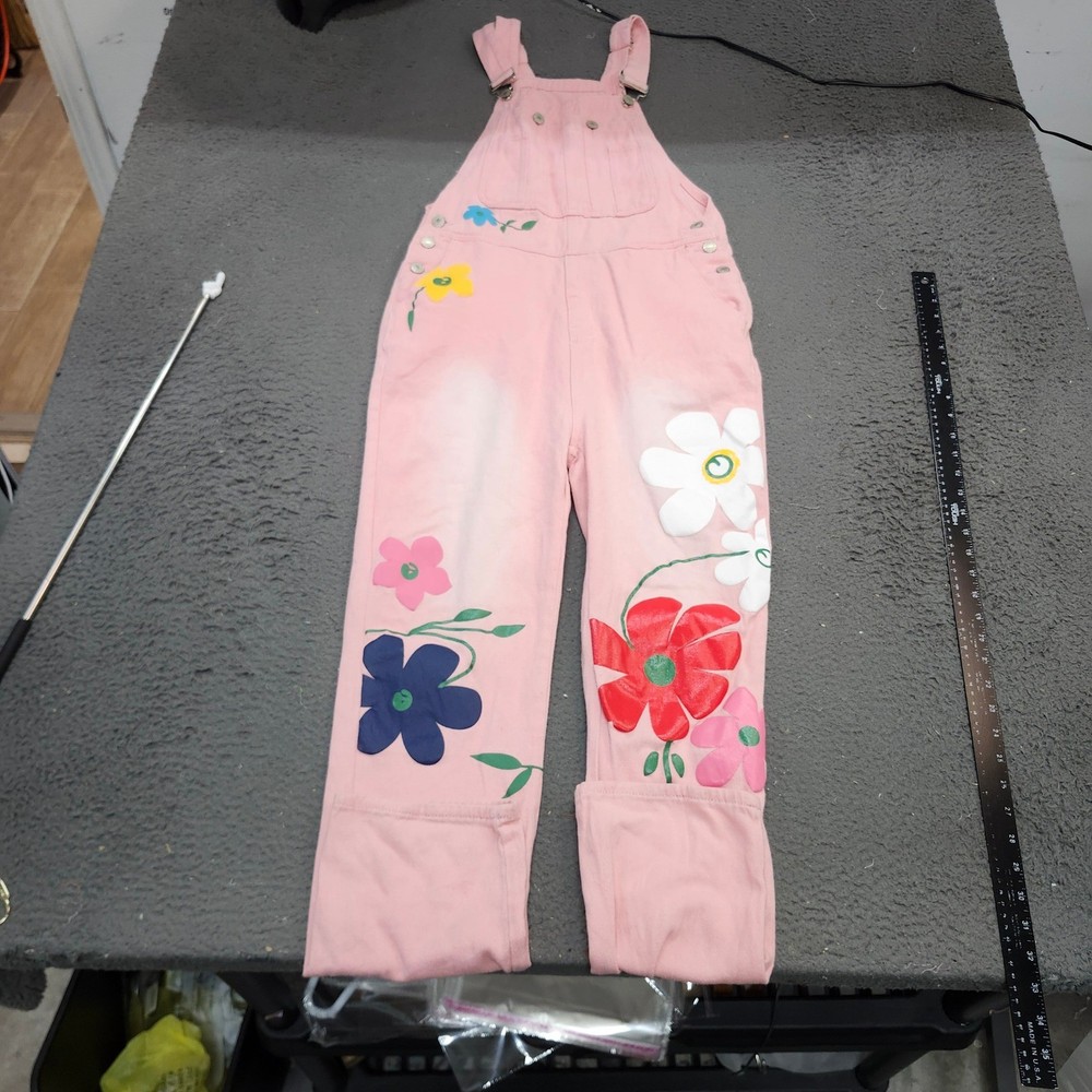 Y2K Pink Denim Jumpsuit Floral Applique Overalls Straight Leg Bib Jumpsuit