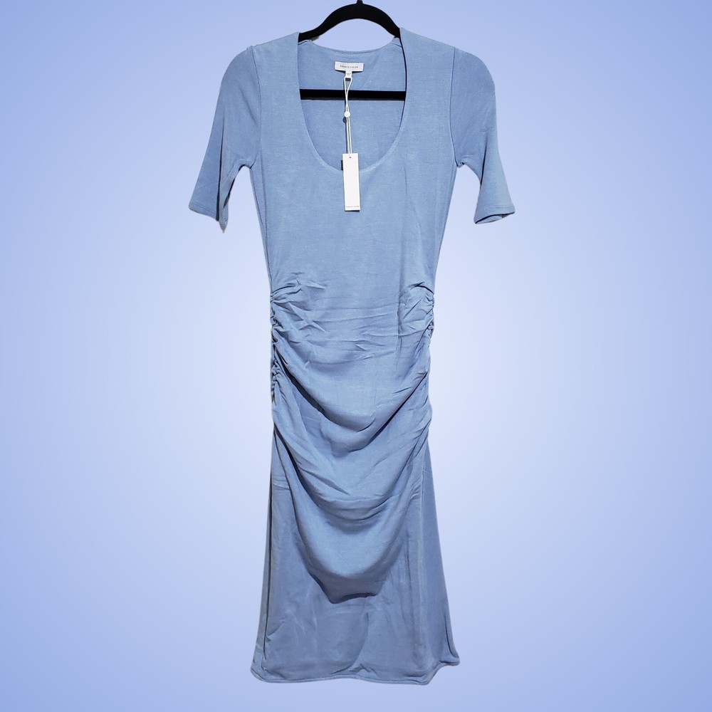 Rebecca Taylor Pearl Blue Ruched Midi Dress Stretchy Lined Size Small NWT