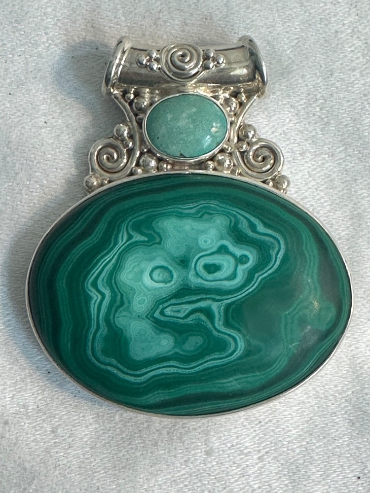vintage sajen sterling silver Malachite and Amazonite pendant