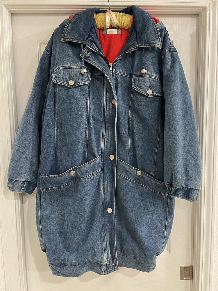 Vintage Denim Accents On XL Blue Midi Fleece Lined Hoodie Coat Buttons Pockets